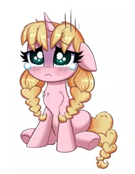 Size: 2592x3330 | Tagged: safe, artist:confetticakez, derpibooru import, oc, oc:caramel, unofficial characters only, pony, unicorn, big eyes, chest fluff, crying, cute, eyebrows, eyebrows visible through hair, eyelashes, female, filly, frown, high res, horn, image, jpeg, ocbetes, pigtails, pink coat, sad, sadorable, simple background, sitting, solo, tail, underhoof, unicorn oc, white background, yellow mane, yellow tail