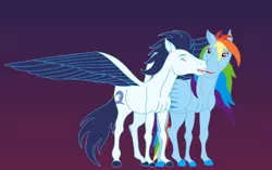 Size: 630x396 | Tagged: safe, artist:celestia2590, derpibooru import, rainbow dash, soarin', pegasus, pony, eyes closed, female, gradient background, hoers, image, male, mare, open mouth, open smile, png, shipping, smiling, soarindash, spread wings, stallion, straight, wings