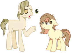 Size: 1280x942 | Tagged: safe, artist:venomous-cookietwt, derpibooru import, oc, unofficial characters only, earth pony, pony, base used, brown eyes, earth pony oc, eyes closed, female, floppy ears, freckles, image, looking at someone, male, mare, offspring, open mouth, parent:pistachio, parent:raspberry vinaigrette, png, raised hoof, show accurate, simple background, stallion, standing, tail, transparent background, two toned mane, two toned tail, underhoof