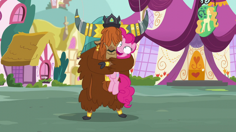 Size: 1280x720 | Tagged: safe, derpibooru import, screencap, pinkie pie, prince rutherford, earth pony, pony, yak, party pooped, season 5, duo, hape, hug, image, personal space invasion, png, squeezing