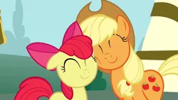 Size: 1152x648 | Tagged: safe, derpibooru import, screencap, apple bloom, applejack, earth pony, pony, ponyville confidential, season 2, ^^, adorabloom, cute, duo, duo female, eyes closed, female, image, jackabetes, nuzzling, png, reconciliation, smiling