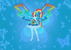 Size: 1221x869 | Tagged: safe, artist:selenaede, artist:user15432, derpibooru import, rainbow dash, fairy, equestria girls, alternate hairstyle, barely eqg related, base used, butterflix, clothes, colored wings, crossover, dress, fairy wings, fairyized, female, hand on hip, high heels, image, lipstick, looking at you, multicolored wings, png, ponied up, ponytail, rainbow dress, rainbow wings, shoes, smiling, smiling at you, solo, wings, winx, winx club, winxified