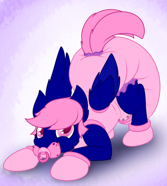 Size: 1700x1900 | Tagged: suggestive, artist:plinkie_poi, derpibooru import, oc, oc:threadwing, pegasus, pony, abdl, adult foal, baby clothes, booties, clothes, diaper, image, male, non-baby in diaper, onesie, pacifier, pegasus oc, png, simple background, stallion, wings