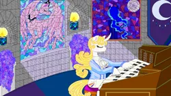 Size: 1272x710 | Tagged: safe, artist:manaminori, derpibooru import, princess luna, oc, oc:guiding light, alicorn, unicorn, candle, image, keyboard, music inspired, musical instrument, night, organ, pipe organ, png, sitting, stained glass