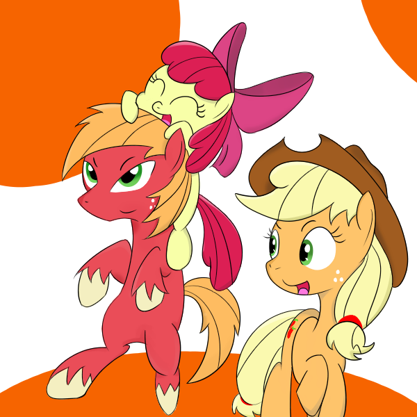Size: 600x600 | Tagged: safe, artist:鴎のタマゴ, derpibooru import, apple bloom, applejack, big macintosh, earth pony, pony, apple bloom riding big macintosh, apple siblings, apple sisters, brother and sister, female, filly, happy, image, male, mare, png, siblings, sisters, stallion