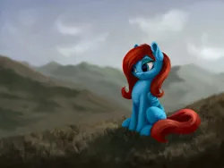 Size: 3000x2250 | Tagged: safe, artist:flusanix, derpibooru import, oc, oc:sea feather, unofficial characters only, pegasus, pony, female, folded wings, grass, high res, image, mare, mountain, outdoors, pegasus oc, png, scenery, sitting, solo, tail, wings