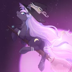 Size: 1389x1389 | Tagged: safe, artist:nyota71, derpibooru import, oc, oc:indigo, unofficial characters only, pony, unicorn, broom, butt, chest fluff, commission, flower, hat, image, looking at you, moon, moonlight, night, night sky, png, sky, smiling, solo, witch hat, ych result