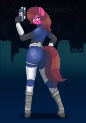 Size: 3500x5000 | Tagged: suggestive, artist:aarondrawsarts, derpibooru import, oc, oc:rose bloom, anthro, ass, bedroom eyes, butt, clothes, commissioner:reversalmushroom, cosplay, costume, gun, image, looking back, png, sexy, tight clothing, weapon