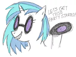 Size: 447x337 | Tagged: safe, artist:askpinkiepieandfriends, derpibooru import, vinyl scratch, pony, unicorn, bust, female, image, mare, png, record, simple background, sketch, smiling, solo, sunglasses, white background