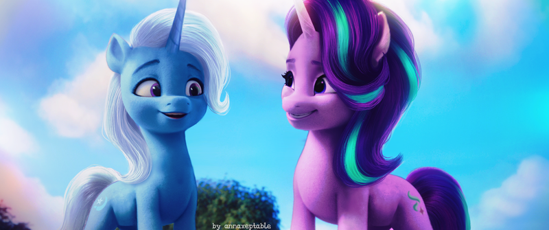 Size: 2560x1071 | Tagged: safe, artist:annaxeptable, derpibooru import, edit, starlight glimmer, trixie, pony, unicorn, my little pony: a new generation, duo, female, g4 to g5, g5, image, png, sky