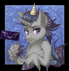 Size: 1050x1080 | Tagged: safe, artist:pony straponi, derpibooru import, oc, oc:verlo streams, unofficial characters only, pony, unicorn, animated, bust, flag, half body, horn, image, looking at you, male, moon empire, patreon, patreon reward, portrait, smiling, smiling at you, solo, stallion, unicorn oc, webm
