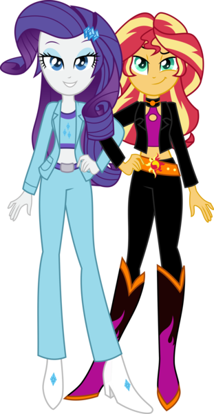 Size: 1764x3400 | Tagged: safe, artist:limedazzle, derpibooru import, rarity, sunset shimmer, human, equestria girls, boots, clothes, duo, duo female, female, grin, hand on hip, high heel boots, high heels, high res, image, irl, irl human, jacket, looking at you, midriff, photo, png, shoes, simple background, smiling, smiling at you, transparent background, vector