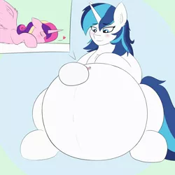 Size: 3000x3000 | Tagged: suggestive, artist:astrum, derpibooru import, princess cadance, shining armor, alicorn, pony, unicorn, belly, belly button, belly kisses, big belly, blushing, chest fluff, digital art, female, giant pony, giantess, gleaming bolero, gleaming shield, hoof on belly, image, kissing, larger female, looking down, macro, male, png, pregarmor, pregnant, prince bolero, rule 63, shiningcadance, shipping, sitting, size difference, smaller male, smiling, straight, wings
