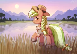 Size: 3508x2480 | Tagged: safe, artist:dandy, derpibooru import, oc, oc:sylvia evergreen, unofficial characters only, pegasus, pony, blushing, boots, braided pigtails, clothes, freckles, hair tie, hat, high res, image, lake, looking at you, looking back, looking back at you, nature, park ranger, png, shirt, shoes, sunset