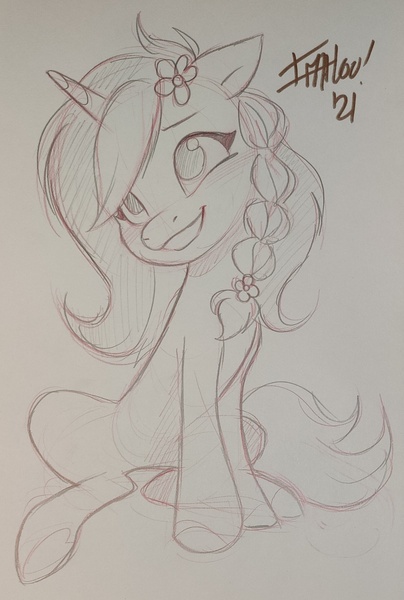 Size: 1629x2418 | Tagged: safe, artist:imalou, derpibooru import, oc, oc:cinnamon string, unofficial characters only, pony, unicorn, braid, derpibooru exclusive, female, flower, flower in hair, horn, image, jpeg, mare, ponysona, sketch, smiling, solo, traditional art, unicorn oc
