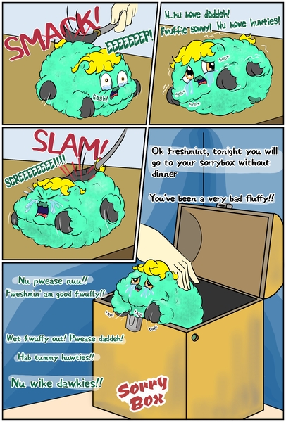 Size: 2200x3250 | Tagged: questionable, artist:badroomie, fluffy pony, abuse, brat, crying, green fur, image, jpeg, nobody cares, sorry box, sorry stick, temper tantrum, yellow eyes, yellow hair, you asked for it