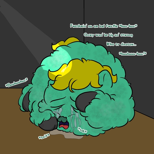 Size: 1500x1500 | Tagged: grimdark, questionable, artist:badroomie, fluffy pony, abuse, brat, crying, fluffy pony grimdark, green fur, image, jpeg, nobody cares, sorry box, yellow hair, you asked for it