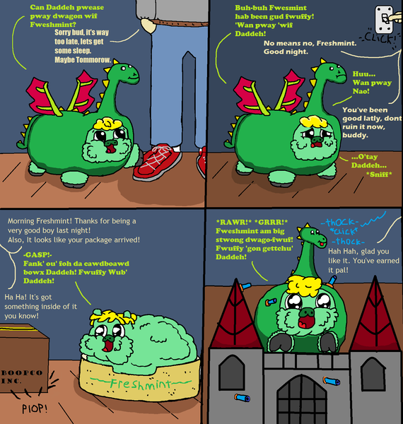 Size: 1584x1666 | Tagged: questionable, artist:fluffersnuffer, fluffy pony, castle, clothes, comic, cosplay, costume, dragon costume, green fur, image, png, tail, wings, yellow hair