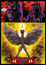 Size: 1280x1808 | Tagged: semi-grimdark, artist:darklamprey, derpibooru import, daybreaker, nightmare moon, princess luna, comic:equestria's war of the worlds, awe, close-up, comic, crossover, dialogue, dreamscape, evil eyes, evil grin, evil laugh, flashback, glow, glowing eyes, glowing horn, grin, horn, image, inset, jpeg, laughing, lightning, looking at you, looking up, magic, magic aura, mane of fire, oh shit, prophecy, red sky, self ponidox, sharp teeth, slit pupils, smiling, split personality, spread wings, tail, tail of fire, teeth, the war of the worlds, this will not end well, transformation, wings, word balloon
