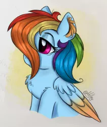 Size: 1727x2048 | Tagged: safe, artist:millefaller, derpibooru import, rainbow dash, pegasus, pony, alternate hairstyle, bags under eyes, bust, chest fluff, ear fluff, female, hair over one eye, image, jpeg, lidded eyes, mare, signature, solo, wings