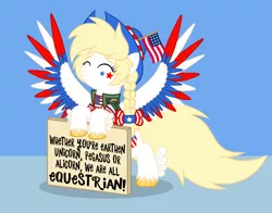 Size: 1400x1100 | Tagged: safe, anonymous artist, derpibooru import, oc, oc:star spangle, pegasus, pony, american flag, eyes closed, female, flag, g5, image, mare, patriotic, pegasus oc, png, sign, smiling, solo, wings, wings extended