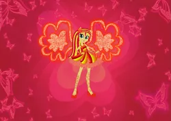 Size: 1221x869 | Tagged: safe, artist:selenaede, artist:user15432, derpibooru import, sunset shimmer, fairy, human, equestria girls, alternate hairstyle, barely eqg related, base used, butterflix, clothes, crossover, dress, fairy wings, fairyized, hand on hip, high heels, image, long hair, orange wings, png, ponied up, red dress, shoes, wings, winx, winx club, winxified