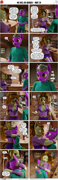 Size: 2000x6190 | Tagged: questionable, artist:stellarator, derpibooru import, adagio dazzle, oc, oc:peach cobbler, anthro, unguligrade anthro, comic:we will be adored, comic:we will be adored part 24, 3d, alcohol, blender, clothes, cute, cycles, hug, image, not sfm, png, skirt, vulgar