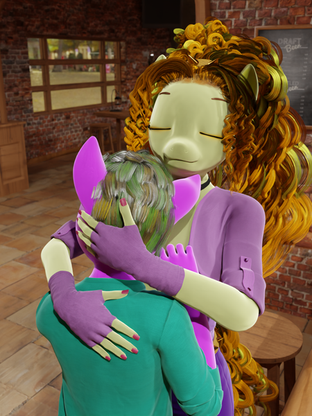 Size: 1013x1350 | Tagged: safe, artist:stellarator, derpibooru import, adagio dazzle, oc, oc:peach cobbler, anthro, unguligrade anthro, comic:we will be adored, comic:we will be adored part 24, 3d, blender, cute, cycles, hug, image, not sfm, png