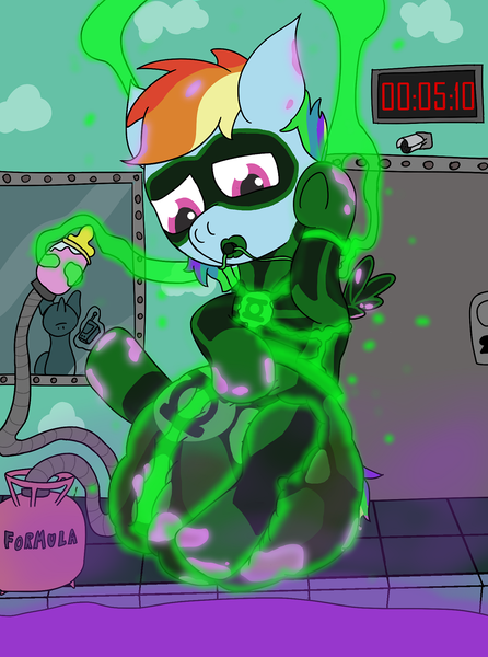 Size: 951x1280 | Tagged: questionable, artist:m3g4p0n1, derpibooru import, rainbow dash, oc, pegasus, pony, age regression, baby bottle, clock, diaper, diaper fetish, female, fetish, floating, green lantern, hypermess, image, messy diaper, pacifier, png, poofy diaper, story in the source, wet diaper