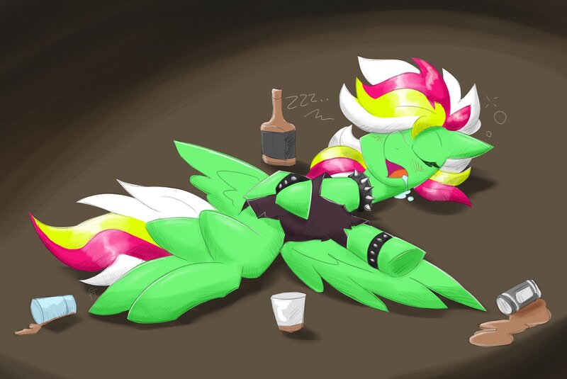 Size: 2000x1337 | Tagged: safe, artist:flutterthrash, derpibooru import, oc, oc:gumdrops, unofficial characters only, pegasus, pony, alcohol, commission, drool, eyes closed, image, jpeg, lying down, on back, open mouth, passed out, solo