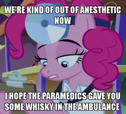 Size: 598x540 | Tagged: safe, derpibooru import, edit, edited screencap, screencap, pinkie pie, pony, the summer sun setback, caption, clothes, cropped, doctor, female, head mirror, image, image macro, lab coat, mare, meme, png, solo, stethoscope, text