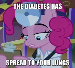 Size: 598x540 | Tagged: safe, derpibooru import, edit, edited screencap, screencap, pinkie pie, pony, the summer sun setback, caption, clothes, cropped, doctor, female, head mirror, image, image macro, lab coat, mare, meme, png, solo, stethoscope, text
