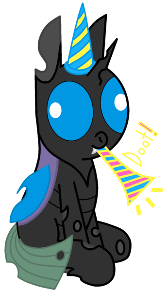 Size: 1154x2000 | Tagged: safe, artist:theunidentifiedchangeling, derpibooru import, oc, oc:[unidentified], changeling, changeling oc, derp, digital art, doot, foal, hat, horn, image, male, mlp fim's eleventh anniversary, party hat, party horn, png, simple background, sitting, solo, transparent background, wings