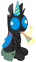 Size: 1154x2000 | Tagged: safe, artist:theunidentifiedchangeling, derpibooru import, oc, oc:[unidentified], changeling, changeling oc, derp, digital art, doot, foal, hat, horn, image, male, mlp fim's eleventh anniversary, party hat, party horn, png, simple background, sitting, solo, transparent background, wings