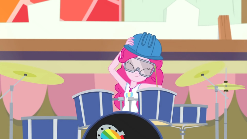 Size: 3410x1920 | Tagged: safe, derpibooru import, screencap, pinkie pie, constructive criticism, equestria girls, equestria girls series, clothes, constructive criticism: pinkie pie, cute, cutie mark, cutie mark on clothes, diapinkes, drums, drumsticks, eyes closed, female, geode of sugar bombs, hammer, helmet, high res, image, jewelry, jpeg, magical geodes, musical instrument, necklace, smiling, tanktop