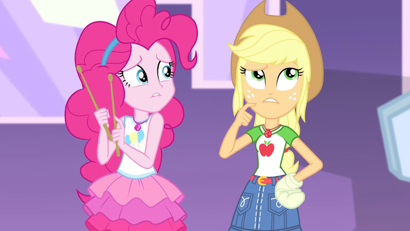 Size: 3410x1920 | Tagged: safe, derpibooru import, screencap, applejack, pinkie pie, constructive criticism, equestria girls, equestria girls series, applejack's hat, belt, broken hand, clothes, constructive criticism: pinkie pie, cowboy hat, denim skirt, drumsticks, female, geode of sugar bombs, geode of super strength, hat, high res, image, jewelry, jpeg, lip bite, magical geodes, necklace, skirt, tanktop