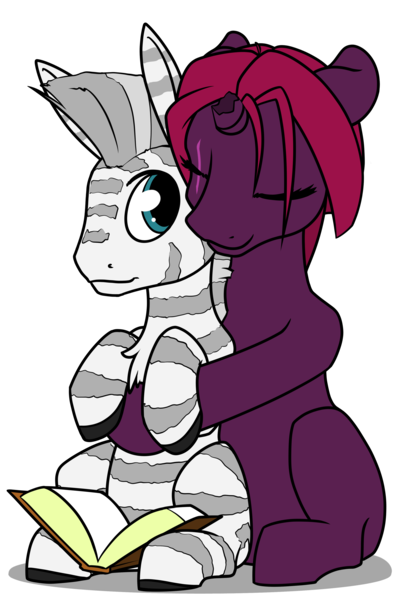 Size: 2700x4000 | Tagged: safe, artist:dacaoo, derpibooru import, tempest shadow, oc, pony, unicorn, zebra, book, broken horn, canon x oc, eye scar, female, horn, hug, image, larger female, male, png, scar, shipping, size difference, smaller male, zebra oc