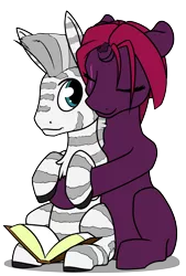 Size: 2700x4000 | Tagged: safe, artist:dacaoo, derpibooru import, tempest shadow, oc, pony, unicorn, zebra, book, broken horn, canon x oc, eye scar, female, horn, hug, image, larger female, male, png, scar, shipping, size difference, smaller male, zebra oc