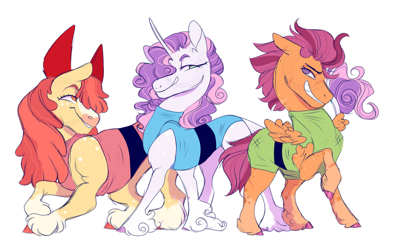 Size: 1280x771 | Tagged: safe, artist:glorymoon, derpibooru import, apple bloom, scootaloo, sweetie belle, earth pony, pegasus, pony, unicorn, blossom (powerpuff girls), bubbles (powerpuff girls), buttercup (powerpuff girls), clothes, cosplay, costume, cutie mark crusaders, dress, grin, image, jpeg, nightmare night costume, simple background, smiling, the powerpuff girls, unshorn fetlocks, white background