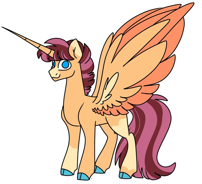 Size: 2085x1902 | Tagged: safe, artist:dodiejinx, derpibooru import, oc, unofficial characters only, alicorn, pony, cloven hooves, horn, image, jpeg, large wings, long horn, no pupils, offspring, parent:sunburst, parent:twilight sparkle, parents:twiburst, simple background, smiling, solo, white background, wings