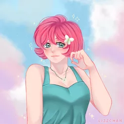 Size: 1050x1050 | Tagged: safe, artist:lizzchan, derpibooru import, fluttershy, human, cloud, female, humanized, image, png, short hair, solo