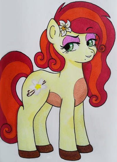 Size: 400x552 | Tagged: safe, artist:matbenetti17, derpibooru import, oc, oc:vanilla flower, unofficial characters only, earth pony, pony, beauty mark, eyeshadow, female, flower, flower in hair, image, jpeg, makeup, mare, mole, offspring, parent:cherry jubilee, parent:trouble shoes, parent:troubleshoes clyde, parents:cherryshoes, traditional art