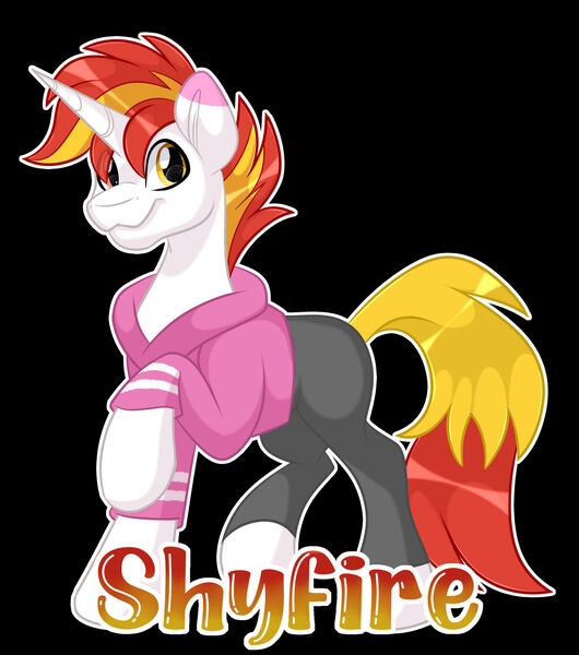 Size: 1600x1812 | Tagged: safe, artist:missmele-madness, derpibooru import, oc, oc:shyfire, pony, unicorn, black background, clothes, hoodie, image, jpeg, male, pants, simple background, solo, stallion