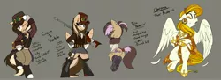 Size: 4096x1488 | Tagged: safe, artist:beardie, derpibooru import, oc, oc:buttercream scotch, oc:chrona, oc:ira, unofficial characters only, earth pony, hippogriff, pegasus, semi-anthro, clothes, female, garters, gun, image, jpeg, male, skirt, spats, steampunk, waistcoat, weapon