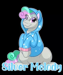 Size: 1600x1895 | Tagged: safe, artist:missmele-madness, derpibooru import, oc, oc:silver melody, earth pony, pony, black background, clothes, female, hoodie, image, jpeg, mare, simple background, solo
