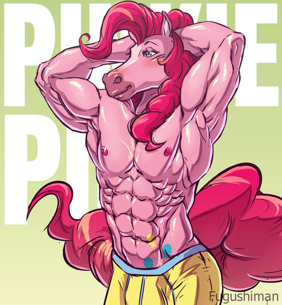 Size: 1280x1381 | Tagged: safe, artist:fugushima, derpibooru import, pinkie pie, anthro, abs, bara, bubble berry, clothes, female to male, hand on head, horse face, image, jpeg, male, muscles, muscular male, nipples, nudity, partial nudity, pink body, pinkie pump, rule 63, topless