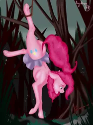 Size: 1795x2398 | Tagged: suggestive, artist:max_torreto, derpibooru import, pinkie pie, earth pony, pony, booty call, clothes, first version, glowing cutie mark, image, language, male, panic, png, skirt, solo, suspended, trap