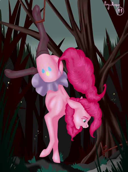 Size: 1795x2398 | Tagged: suggestive, artist:max_torreto, derpibooru import, pinkie pie, earth pony, pony, booty call, clothes, glowing cutie mark, image, language, male, panic, png, skirt, socks, solo, stockings, suspended, thigh highs, trap