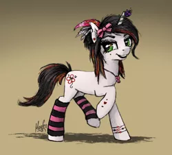 Size: 1194x1080 | Tagged: safe, artist:magfen, derpibooru import, oc, oc:bloody herb, unofficial characters only, pony, unicorn, bow, bracelet, clothes, ear piercing, feather, female, flower, green eyes, hair bow, hoofless socks, horn, image, jewelry, leg warmers, looking at you, mare, open mouth, piercing, png, raised hoof, raised leg, signature, simple background, socks, solo, striped socks, teeth, walking, whistle, whistle necklace, white coat