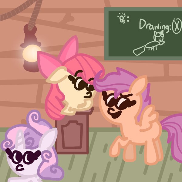 Size: 2048x2048 | Tagged: safe, artist:memzepicstar, derpibooru import, apple bloom, scootaloo, sweetie belle, earth pony, pegasus, pony, unicorn, clubhouse, cutie mark crusaders, female, filly, image, jpeg, ponytober